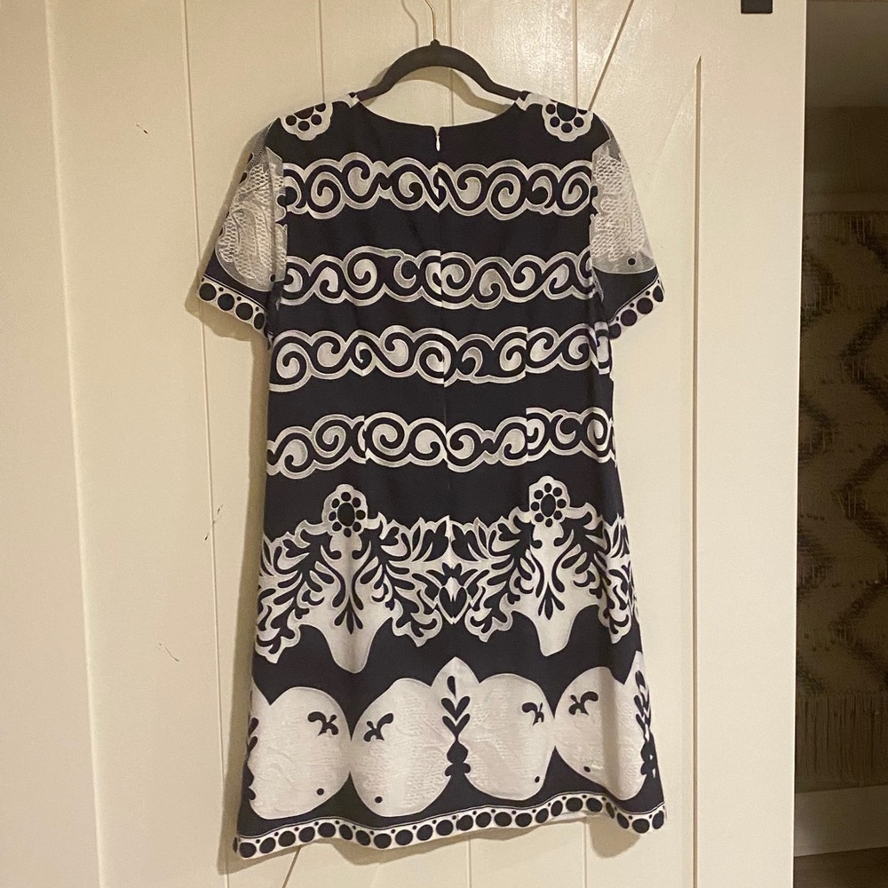 Navy blue and white lace and mesh dress